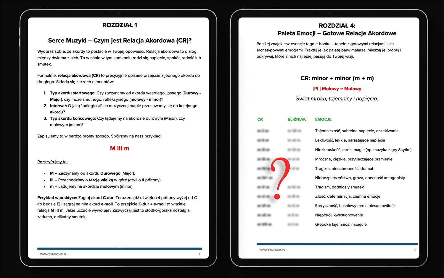 Fragment z treści mini-ebooka Magia Akordów pokazujący tabele z relacjami harmonicznymi.